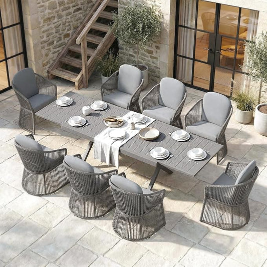 SUNSITT 9 Piece Outdoor Patio Dining Set, 65" - 107" Metal Expandable Outdoor Dining Table with X-Shape Legs, 8 Woven Wicker Outdoor Patio Chairs w/Curved Armrest for Garden, Dark Grey