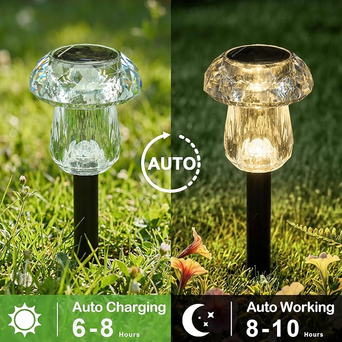 16Pack Solar Pathway Lights Outdoor 3000K Warm White Mushroom Decor | Waterproof Garden Outside Yard Walkway Landscape Path Lighting, LED Auto On/Off Decorations, Acrylic Diamond-like Lampshade