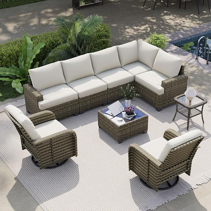 LET'S PATIO Luxury Patio Furniture Set，9 Piece Outdoor Furniture Sectional Set with Swivel Rocker Chairs of 2，All-Weather Patio Sectional Sofas with Thickened Cushions, Beige