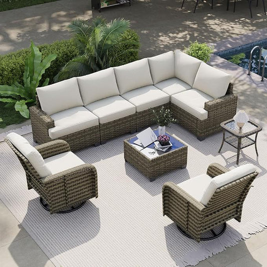 LET'S PATIO Luxury Patio Furniture Set，9 Piece Outdoor Furniture Sectional Set with Swivel Rocker Chairs of 2，All-Weather Patio Sectional Sofas with Thickened Cushions, Beige