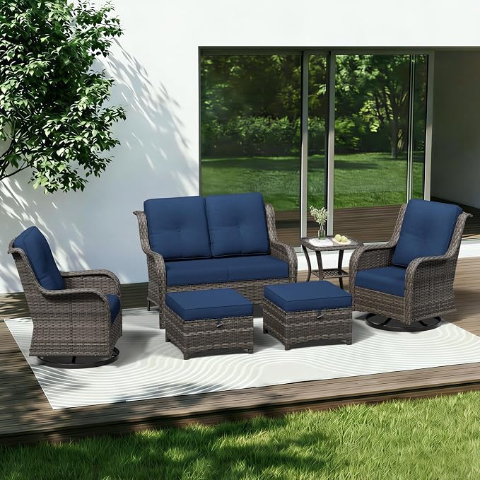 6 Piece Outdoor Wicker Patio Furniture Set, Outdoor Swivel Rocker Patio Chairs Set with Thickened Olefin Cushions, High Back and Deep Seating, Hand-Woven PE Rattan for Porch, Deck
