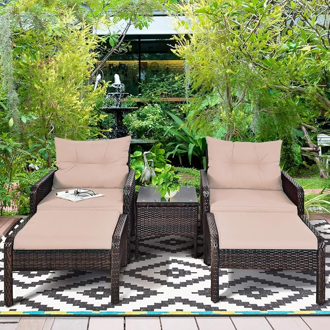 COSTWAY 5 PCS Patio Rattan Furniture Set, Outdoor Cushioned Sofa with Ottomans and Coffee Table, Wicker Conversation Set for Backyard Porch Lawn Poolsid, Beige