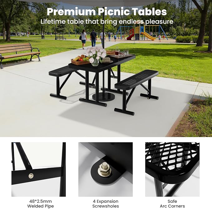 4FT Metal Picnic Tables for Outdoors, Commercial Rectangular Picnic Table for Outside, Park, Campfield, Patio, Garden, Yard, Thermoplastic Coating, Surface Mounted, Black
