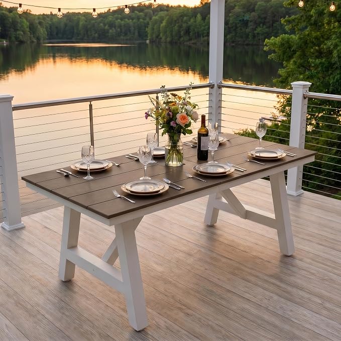 Costaelm Outdoor Dining Tables for Patio, 72" Rectangle 6-Person HDPE Dining Table with Umbrella Hole and Metal Frame for Outside, Garden, Poolside, Backyard, Porch, Balcony, Weathered Wood
