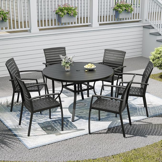 Patio Dining Set, 48" Outdoor Metal Table and 6PCS Aluminum Chairs | Round Patio Table, 1.6" & 1.9" Adjustable Umbrella Hole, Patio Dining Chair with Resin Seat and Aluminum Frame
