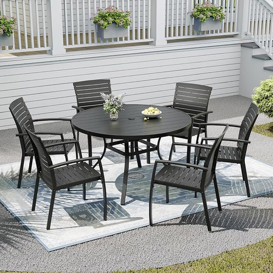 Patio Dining Set, 48" Outdoor Metal Table and 6PCS Aluminum Chairs | Round Patio Table, 1.6" & 1.9" Adjustable Umbrella Hole, Patio Dining Chair with Resin Seat and Aluminum Frame
