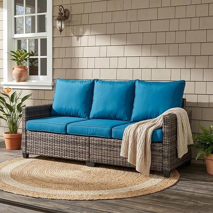 LAUSAINT HOME 3 Pieces Outdoor Patio Furniture, Outdoor Sectional Sofa Patio Furniture Sets Wicker Rattan Patio Conversation Sets with Cushion and Glass Table (Peacock Blue)