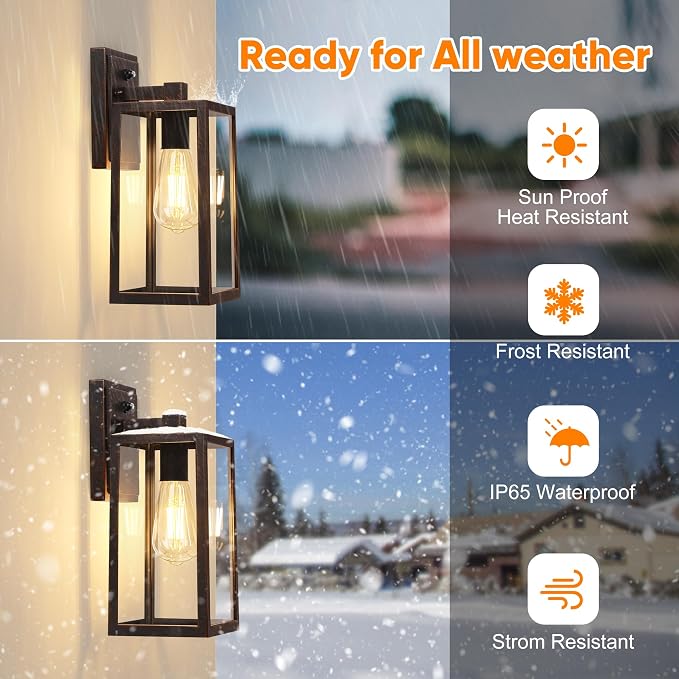 Dusk to Dawn Porch Light Fixtures, Black Brushed Gold Exterior Lighting Lamp, Sensor Wall Lantern, Waterproof Outdoor Wall Sconce for House Doorway, Garage 2 Pack