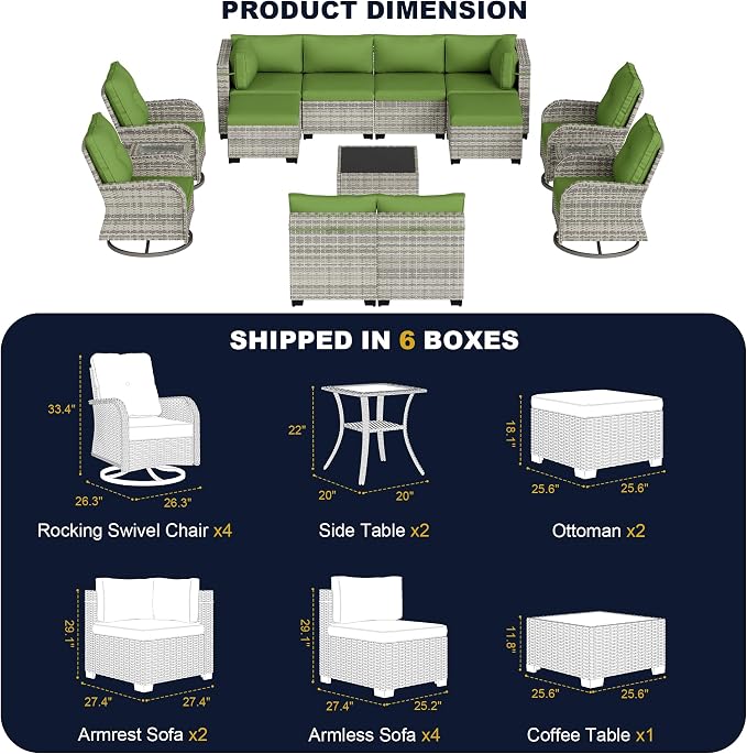 15-Piece Outdoor Patio Furniture Set with Rocking Swivel Chair, Wicker Rattan Sectional Sofa Conversation Set with Tempered Glass Table with Ottomans, Backyard Furniture, Avocado Green