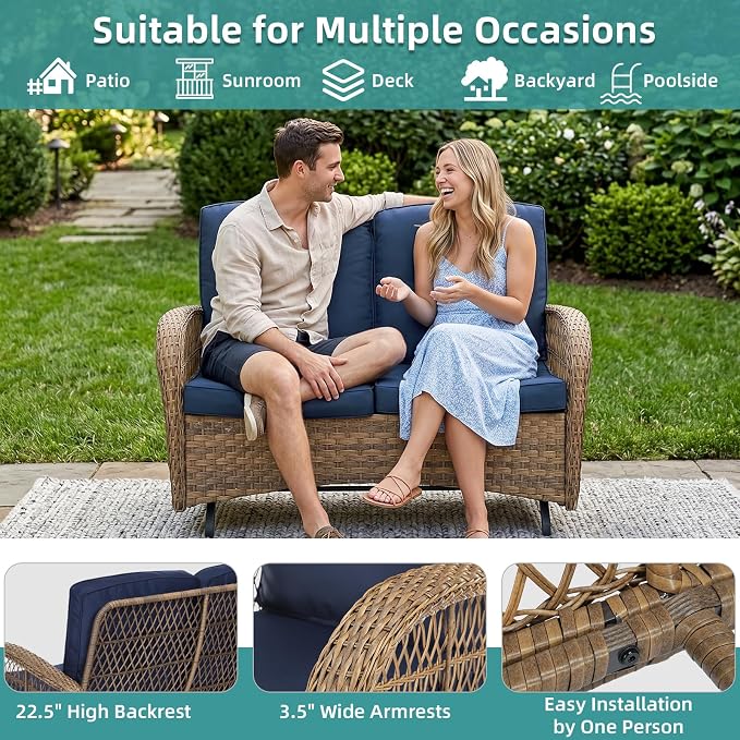 MEETWARM Outdoor Wicker Patio Glider Set, Loveseat for 2 Person Porch Furniture Glider with Glass-Top Coffee Table, Patio Glider Rocking Bench with Thickened Cushions, Navy Blue