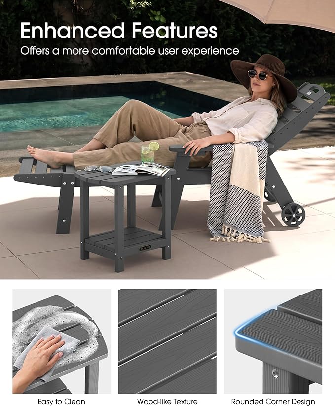 Outdoor Side Table – 2-Tier HDPE Adirondack Side Table, Sturdy Small Outdoor Tables, Weather-Resistant & Easy Assembly Patio End Tables for Garden, Balcony, Porch & Poolside (Grey)