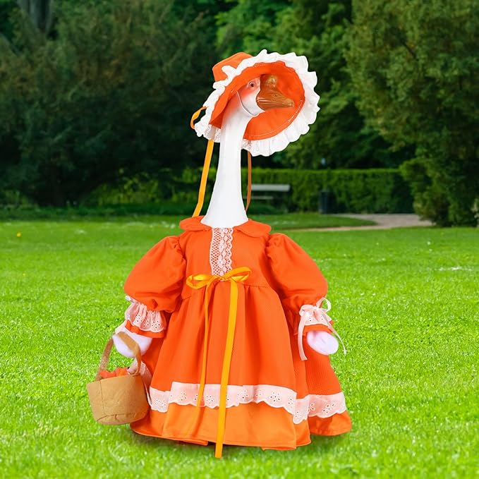 Soulchen Fall Porch Goose Outfit Set 23" Cute Lolita Goose Clothes Dress and Hat Costume Set for Fall Patio Yard Lawn Statue Decor