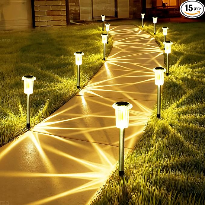 15 Pack Solar Lights Outdoor Waterproof Pathway Lights, Warm White | Stainless Steel Stake Lights for Yard Garden Walkway Driveway Sidewalk Lawn Landscape Path Outside LED Auto On/Off, Acrylic
