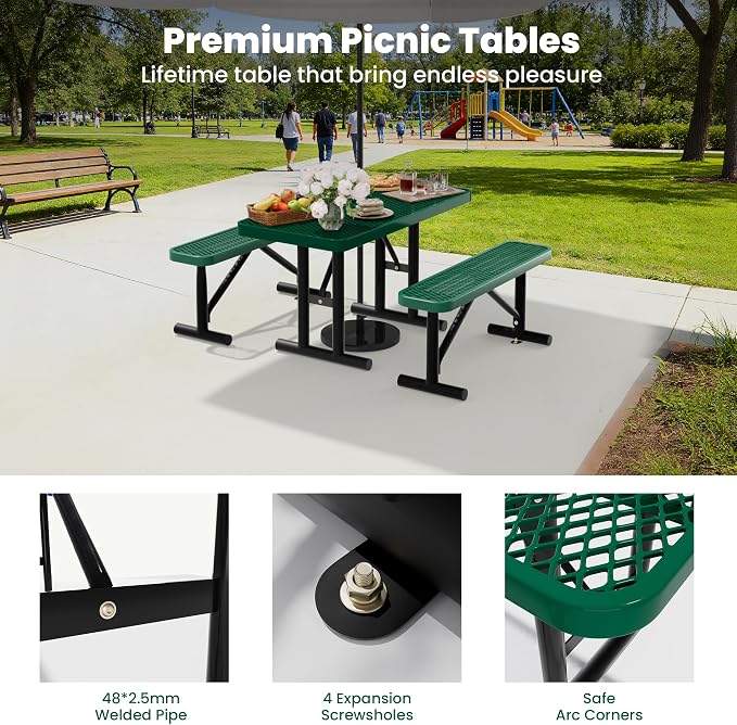 4FT Outdoor Metal Picnic Table with 2 Benches,Heavy Duty Rectangular Picnic Table Set for Outside, Waterproof Commercial Restaurant Table Furniture for Park, Campfield, Patio, Garden, Yard