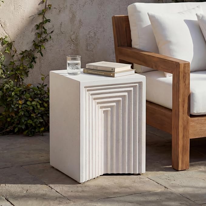 Christopher Knight Home Arcrest Outdoor Geometric Side Table, Lightweight Concrete End Table, Accent Table with Textured Cube Design, Decorative Small Coffee Desk for Living Room Patio Balcony, White