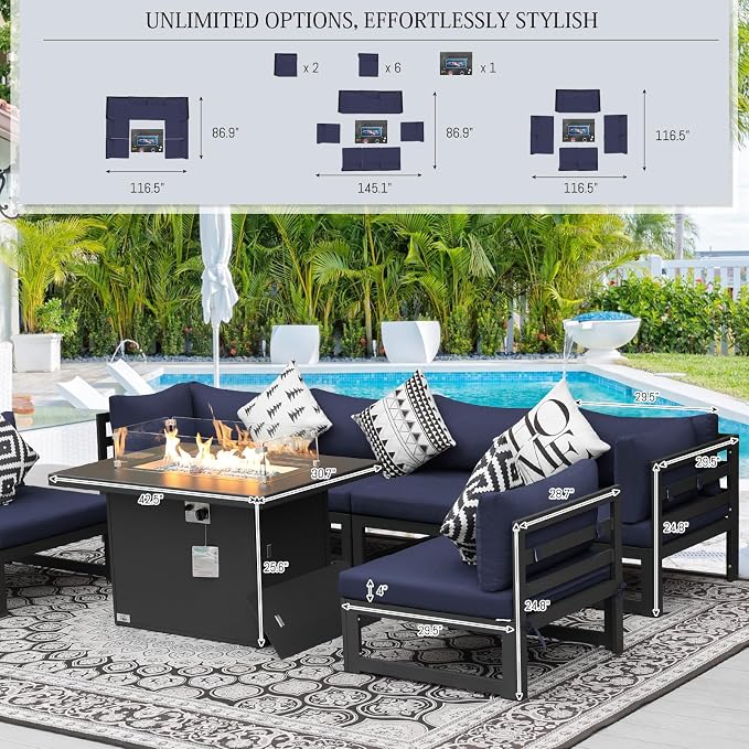 BULEXYARD 9 Piece Large Modern Aluminum Outdoor Patio Furniture Set with Fire Pit Table, 29 inch Wide Deep Seat, Rust Proof Comfy Sectional Sofa, 500 lbs Sturdy Front Yard Conversation Set, Navy Blue