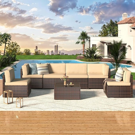 7-Piece PE Rattan Patio Furniture Set with Outdoor Wicker Sectional Sofa and Chairs with Tea Table for Backyard, Garden, Porch, or Deck Conversation Lounge(Beige)