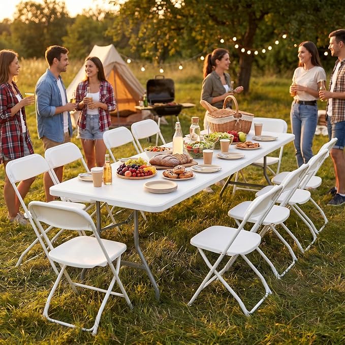 DUMOS 8 FT Folding Picnic Table Simple to Fold and Keep, 3.8 FT Foldable Table for Camping Dining Party Kitchen Picnic Outdoor Indoor with Carrying Handle