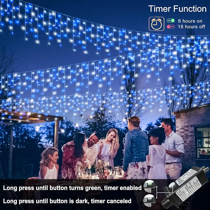 Blue and White Christmas Lights 66ft 640 LED Icicle Lights for Outside | Clear Wire Connectable Twinkle Lights with 8 Modes Timer Waterproof for House Window Party Tree Holiday Patio Yard Home Decor