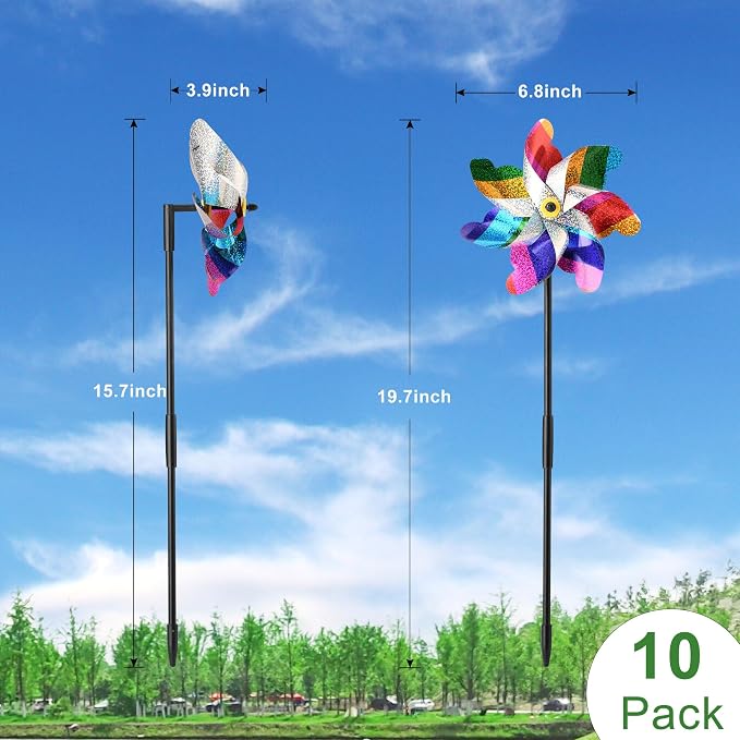 10 Pack Pre-Assembled Pinwheels for Yard and Garden, Colorful | Wind Spinner Measures 19.7'' H x 6.8'' W, Reflective Surface Sparkles In Sunlight, Connect Stakes For Yard, Garden Or Lawn