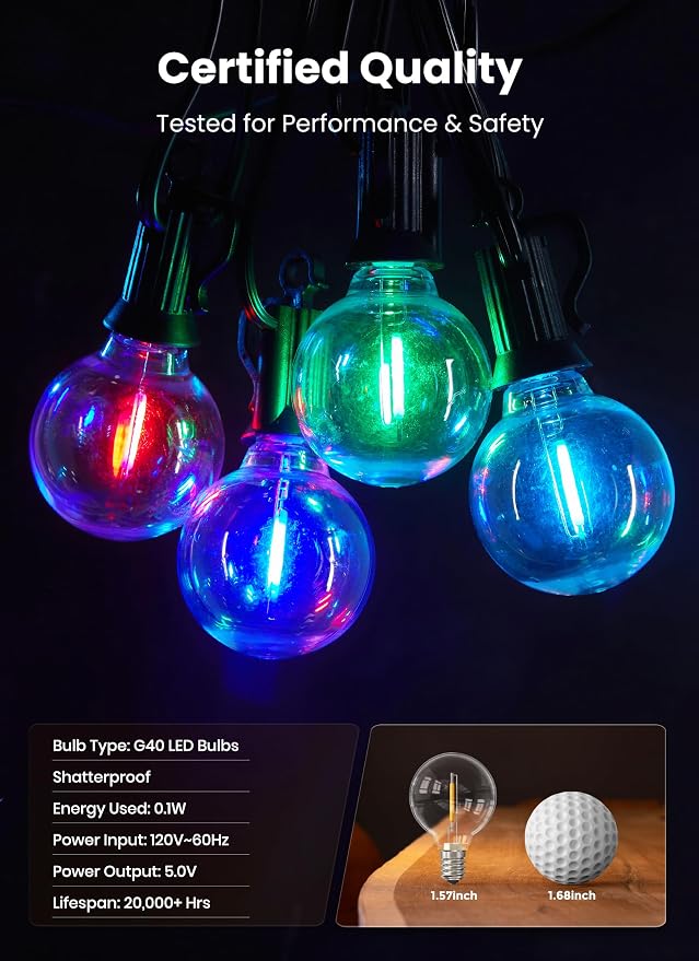 Brightown Outdoor String Lights 58 Feet G40 LED Patio Lights, RGB, Remote | 25 Plastic Edison Bulbs, Timer, Waterproof Connectable Outside Light for Backyard Porch Balcony Party Christmas Decoration