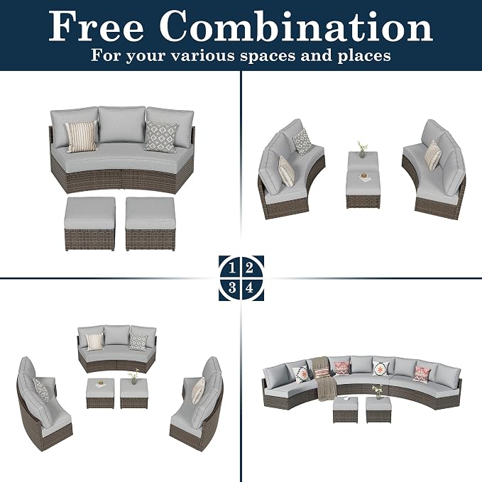 11 Piece Outdoor Patio Furniture Set, Half Moon Patio Sectional Set with Soft Cushions and Ottoman, All Weather Rattan Wicker Curved Outdoor Sofa for Backyard Patio Garden