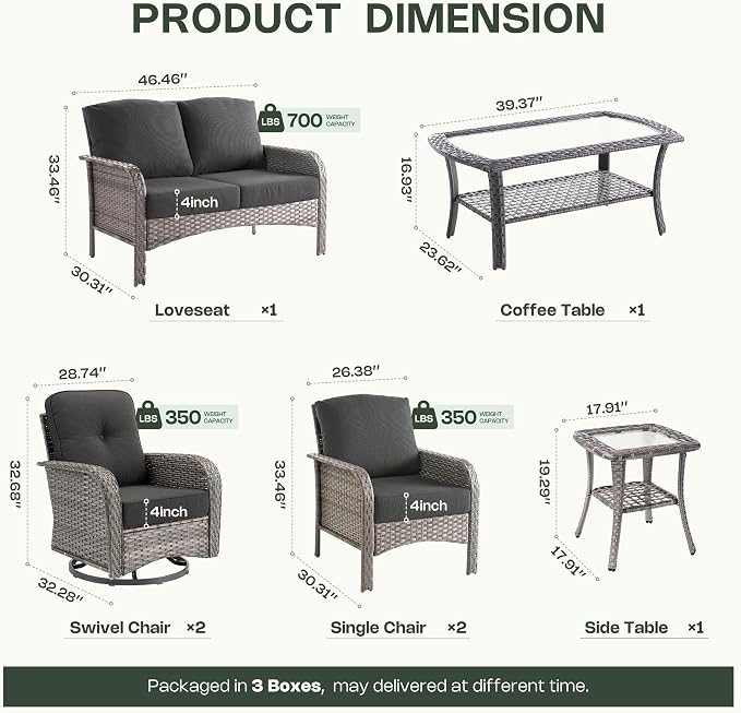 7-Piece Patio Furniture Set, Outdoor Wicker Furniture with Coffee Table, High Back Swivel Rocker Patio Chairs, Modern Rattan Outdoor Chairs Conversation Set for Porch, Balcony, Garden, Black