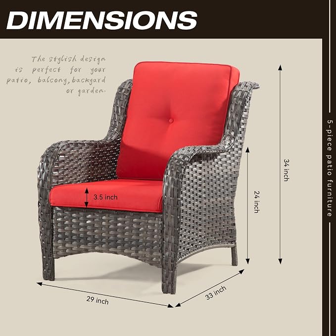 Outdoor Wicker Chair Rattan Patio Dining Chairs Set of 4 PE Patio Chairs with 3.5 inch Seat Cushions Outdoor Patio Seating Chair for Garden, Backyard Swimming Pool, Balcony, Red