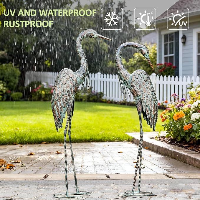 Kircust Garden Crane Statues Metal Heron Outdoor Statue, 46 Inch | Standing Patina Decoy, Weather-Resistant and Rustless, Bird Yard Art for Patio Lawn Pond