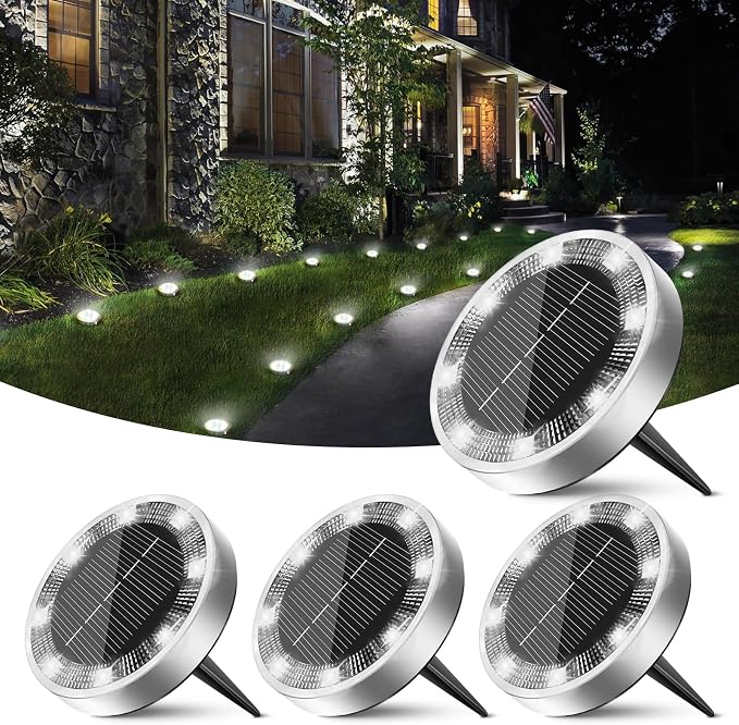 Mini Solar Ground Lights Outdoor, 4 Pack Flat Solar Powered Disc Lights, IP68 Waterproof, Anti-Rust, Landscape Lighting for Pathway Garden Yard Lawn Walkway Landscape Driveway, Cool White