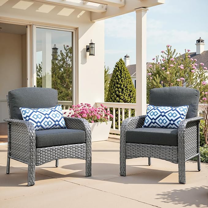 2 PCS Outdoor Patio Furniture Set with Thickened Cushions, All-Weather Rattan Wicker Outdoor Conversation Set for Porch,Backyard,Balcony,Black