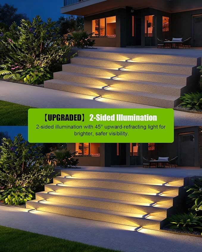DetarZinLED Solar Step Lights for Outside 6 Pack, 12 LEDs 2-Sided Illumination Solar Stair Lights Outdoor IP68 Waterproof,Auto On/Off Deck Lights Solar Powered for Patio,Yard,Path,Walkway (Warm White)
