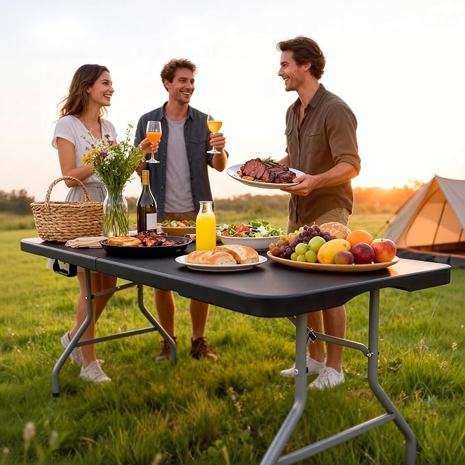 Fenbeli 5FT Folding Table, 350 LBS Heavy Duty with 18% Thicker HDPE Waterproof Top, Fold in Half Portable Table with Handle, Steel Frame for Indoor Outdoor Party, Picnic & Events