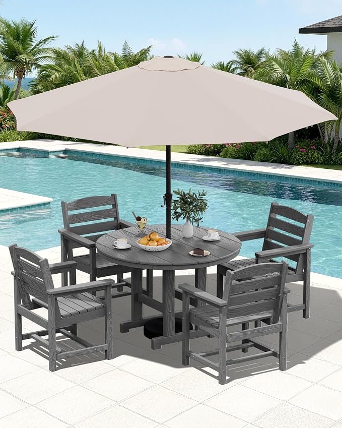 SERWALL 6-Piece Patio Dining Sets, HDPE Outdoor Table and Chairs Furniture Set with Umbrella, 45" Round Dining Table & 4 Dining Chairs & 1 9FT Umbrella, Gray(Not Include Umbrella Base)