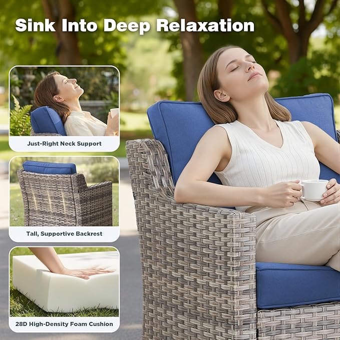 Belord Patio Chairs Set of 2 with 3-Seater Sofa, Outdoor Rattan Chairs for Deck Porch Garden, 6 Piece Luxury Patio Furniture Set, Blue