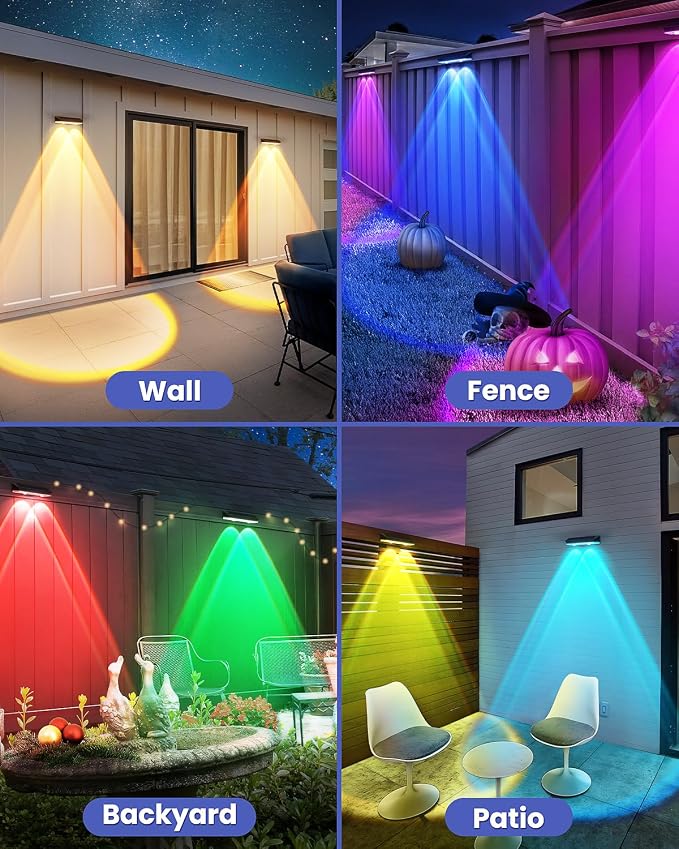 Solar Fence Lights Outdoor, 10 Pack Warm White/RGB Fence Solar Lights with 2 LED, IP65 Waterproof, Backyard Patio Decor for Deck, Wall, Railing, Pool, Stair