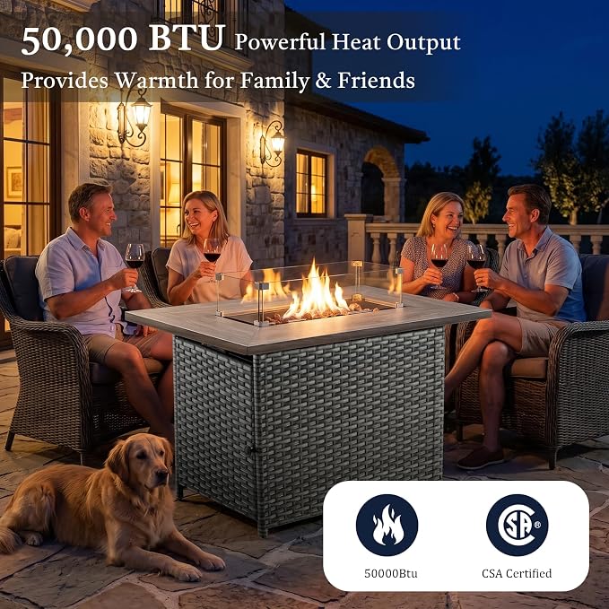 Luxury 6" Thick Cushion 9 Pieces Wicker Patio Furniture Set with 41”Fire Table, Outdoor Conversation Set with Patio Couch and Swivel Rocker Chairs for Deck Porch Yard and Poolside