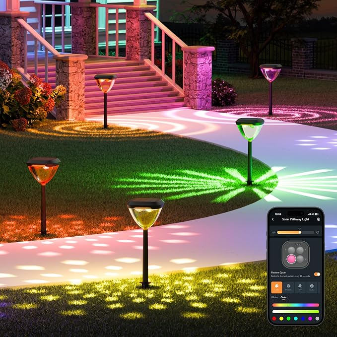 Linkind Smart Solar Pathway Lights SP6,Pattern Switch Solar Lights Outdoor | USB&Solar Charging, Cool/Warm White/Color Changing Landscape Lighting for Yard,Garden,Patio, 1 Pack