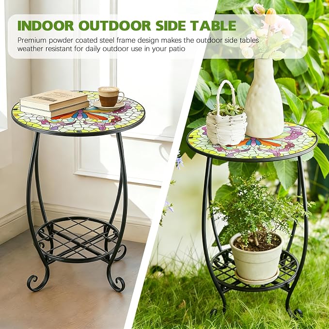 Arbuxzuy 12 Inch Small Outdoor Side Table with Colorful Butterfly, Glass Mosaic Patio Table Indoor, Round Plant Coffee Table for Living Room, Balcony, Garden（Butterfly Style）