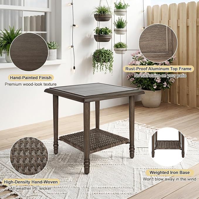 2PCS Wicker Outdoor Side Table, Heavy Duty Iron Patio Table for Porch Balcony Deck Garden Poolside