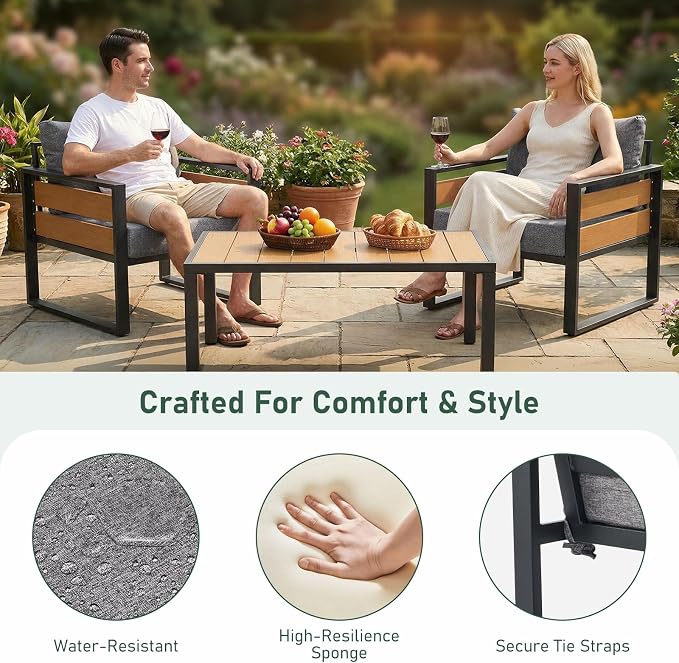 Furnimart Patio Furniture Set, 2-Piece Metal Outdoor Sectional, 2-Seat Patio Conversation Set with Deep Seating, Thick Cushions & Coffee Table for Backyard, Porch & Deck, Gray