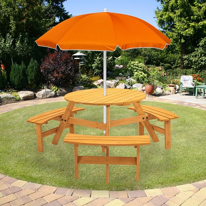 SSLine 6-Person Solid Wood Picnic Table Outdoor Round Picnic Table and Bench Set with Umbrella Hole Outside Wooden Table and Chairs Set for Patio Backyard Garden Lawn (Natural Brown)