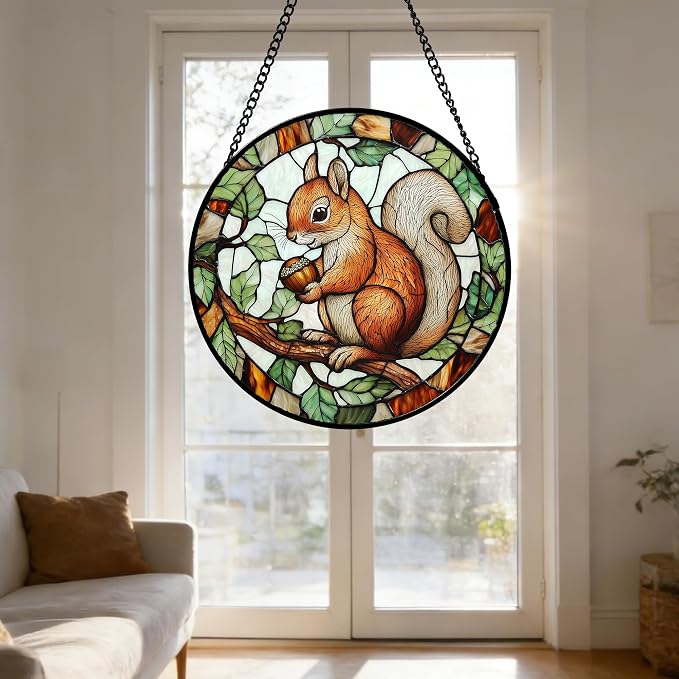 DASTOLL Stained Glass Window Hanging, Squirrel on a Branch Suncatcher Diamond Glass Panel Animal Sun Catchers Decor for Birthday for Women, Men, Wife, Aunt, and Mom 6.3 in
