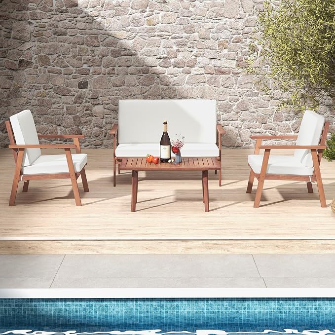Tangkula 4 Piece Outdoor Conversation Set, Acacia Wood Sofa Set with Soft Seat & Back Cushions, Rectangle Coffee Table Patio Wood Furniture Set for Backyard, Poolside, Garden (1, Off White)