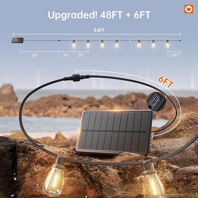 addlon 54FT(48+6) Solar String Lights Outdoor Waterproof with USB & Remote | Control Dimmable Solar Patio Lights IP65 Solar Powered Edison LED Bulbs for Outside Bistro Camping