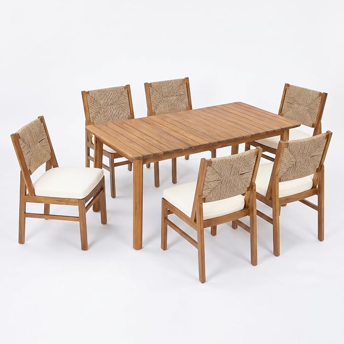 Christopher Knight Home Mave Acacia Wood Dining Table Set for 6, 7 Piece Patio Extendable Dining Table & Armless Chairs Set Of 6 with Cushion & Wicker Back, Patio Furniture Set, Cream+Light Brown+Teak