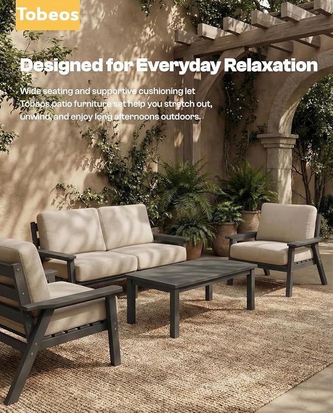 HDPE Patio Furniture Set 10 Seats, Outdoor Couch with Washable Thick Beige Cushions & Coffee Table & Side Table, Outdoor Sectional Furniture for Backyard, Deck, Lawn, Porch (Gray Frame)