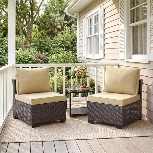 ANJ Outdoor Wicker Patio Chairs Set of 2, Modular Armless Patio Seating with Thick Cushions, All-Weather Rattan Conversation Chair Set for Porch, Balcony, Garden, Backyard, Dark Brown Wicker-Camel
