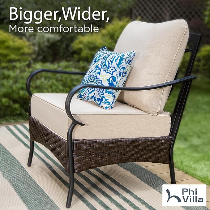 PHI VILLA Outdoor Patio Furniture Set，Premium Rattan Wicker Metal Patio Conversation Sets for Backyard w/Coffee Table, Seat Cushions