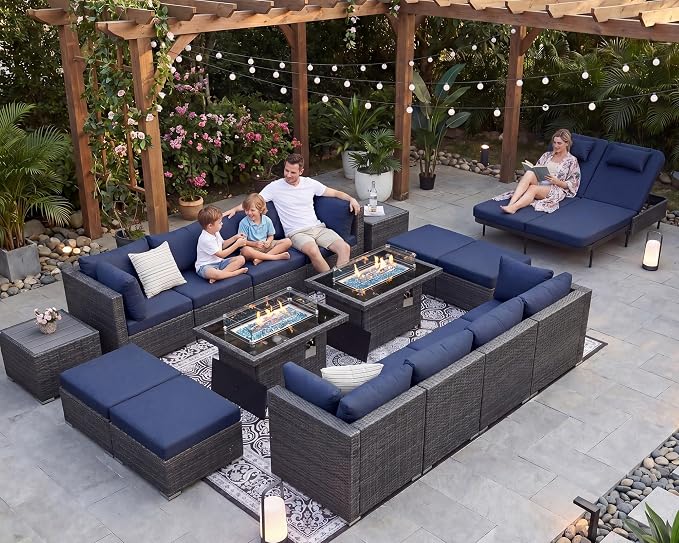 NICESOUL 18 Piece Patio Furniture Set with Fire Pit Table and Chaise, 29.3'' High Back Outdoor Wicker Couch Sets with Firepit and Lounger, 500 lbs Heavy Duty 14-Seat Outdoor Sectional, Gray & Navy
